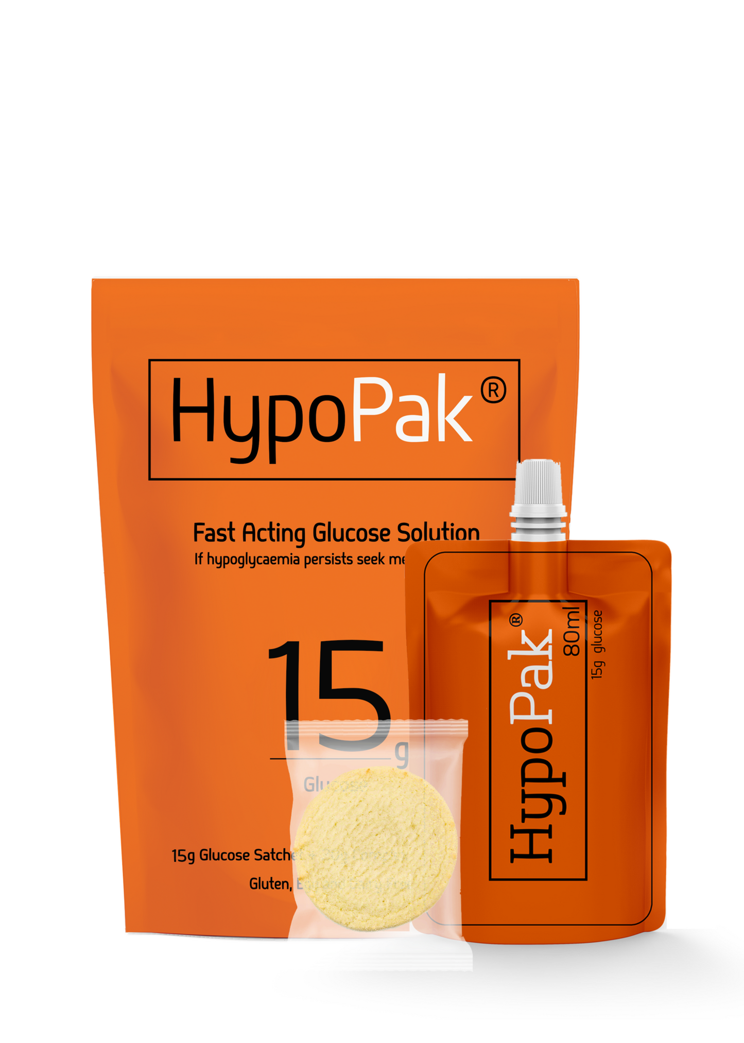 HypoPak 15 gram glucose kit. With Gluten, dairy and egg free vanilla biscuit. 
If Hypoglycemia persists seek medical advice 