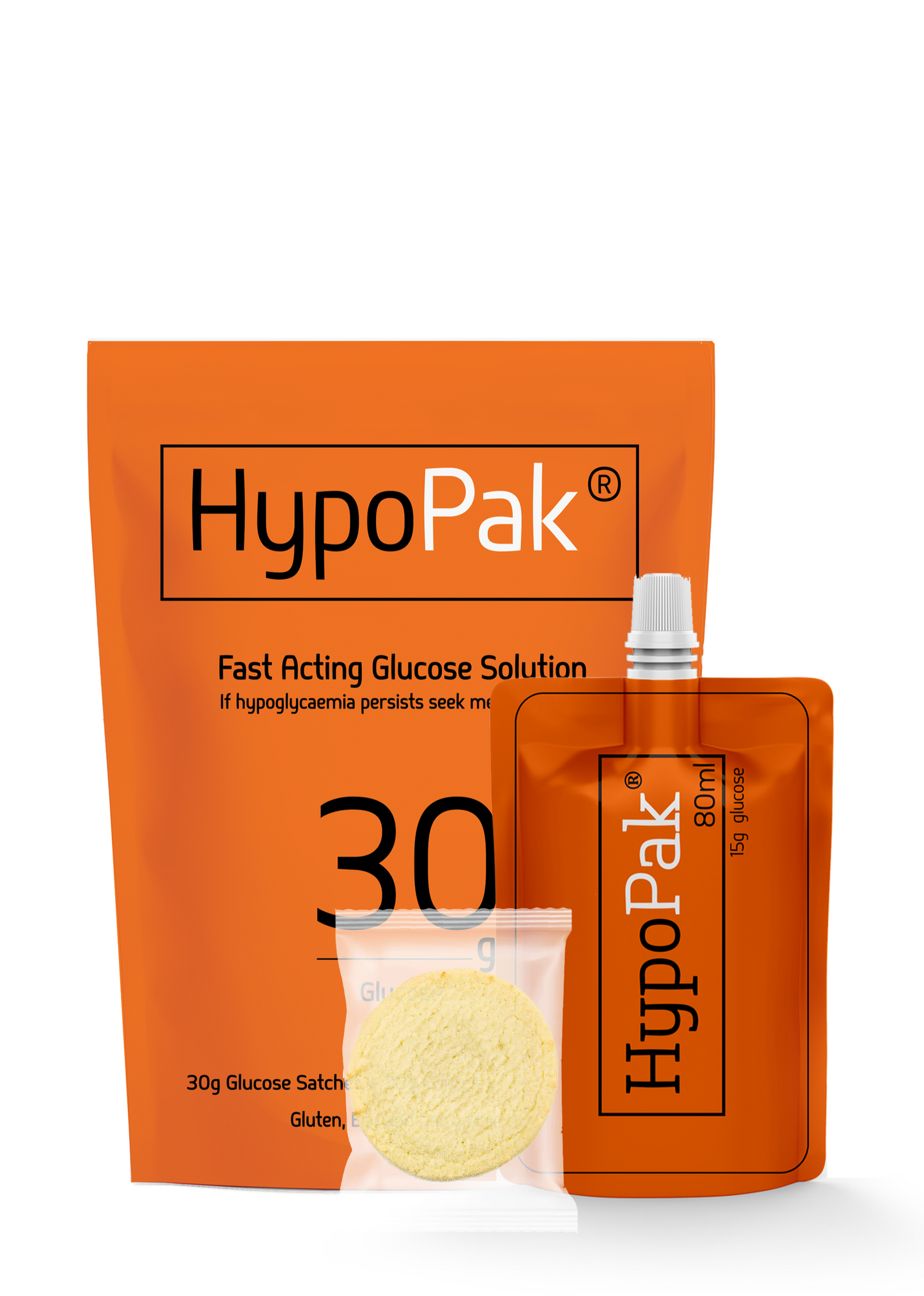 HypoPak 30 gram glucose kit. With Gluten, dairy and egg free vanilla biscuit. 
If Hypoglycemia persists seek medical advice 