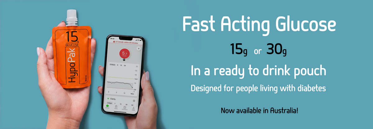 HypoPak glucose pouch with text: Glucose for people living with diabetes, now available in Australia